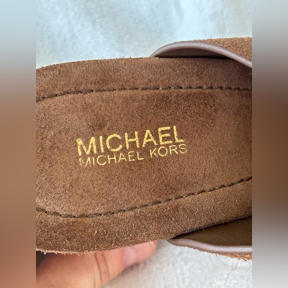 Michael Kors Brown Suede Mules with Gold Accents High Heels Size 6 - Picture 7 of 10